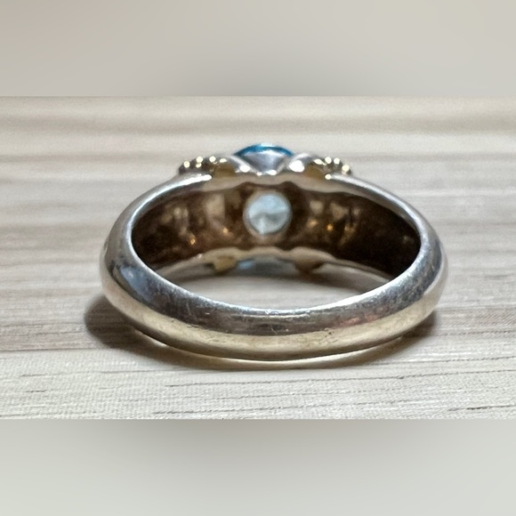 Vintage Designer Signed Sterling Silver & 14k Gold Beaded Blue Topaz Ring - Picture 4 of 11